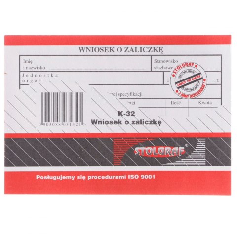 Druk offsetowy Stolgraf wniosek o zaliczkę A6 A6 100k. (K32) Druk offsetowy Stolgraf wniosek o zaliczkę A6 A6 100k. (K32)