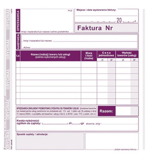 Druk offsetowy Michalczyk i Prokop Faktura dla podatników zwolnionych podmiotowo z podatku VAT 2/3 A5 80k. (204-4E) Druk offsetowy Michalczyk i Prokop Faktura dla podatników zwolnionych podmiotowo z podatku VAT 2/3 A5 80k. (204-4E)