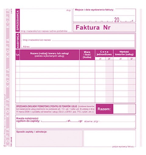 Druk offsetowy Michalczyk i Prokop Faktura dla podatników zwolnionych podmiotowo z podatku VAT 2/3 A5 80k. (204-4E) Druk offsetowy Michalczyk i Prokop Faktura dla podatników zwolnionych podmiotowo z podatku VAT 2/3 A5 80k. (204-4E)