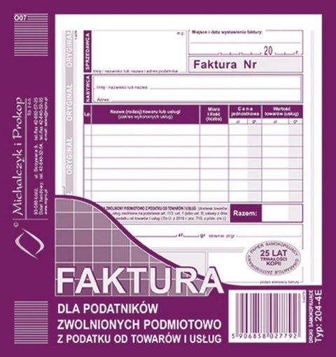Druk offsetowy Michalczyk i Prokop Faktura dla podatników zwolnionych podmiotowo z podatku VAT 2/3 A5 80k. (204-4E) Druk offsetowy Michalczyk i Prokop Faktura dla podatników zwolnionych podmiotowo z podatku VAT 2/3 A5 80k. (204-4E)