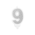 Świeczka urodzinowa Partydeco cyferka 9 srebrny 7 cm 7cm (SCU3-9-0188)